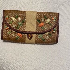 Floral Embroidered Tan Clutch